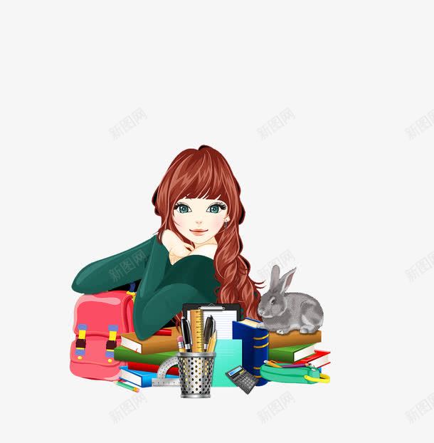 学习的小女孩png免抠素材_新图网 https://ixintu.com PNG素材 兔子 小女孩 工具