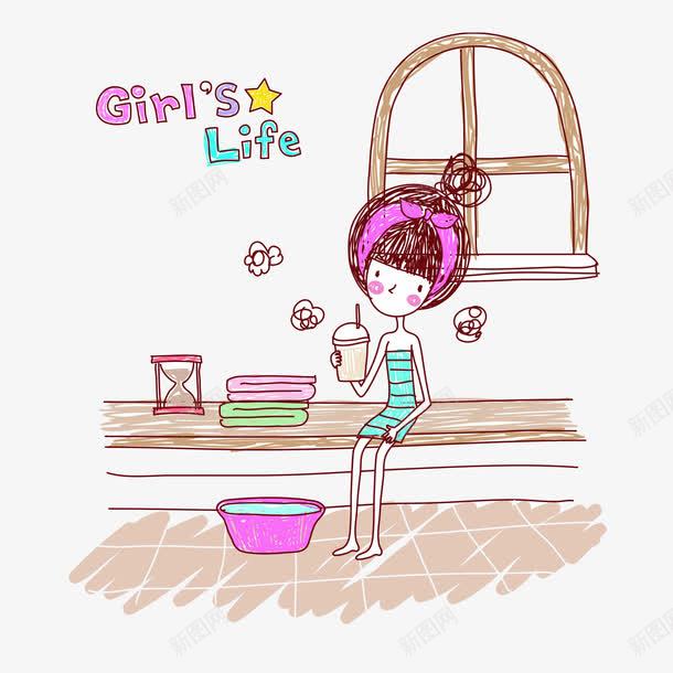 手绘线条人物装饰png免抠素材_新图网 https://ixintu.com 人物 卡通人物 女孩 手绘人物 盆子 被子
