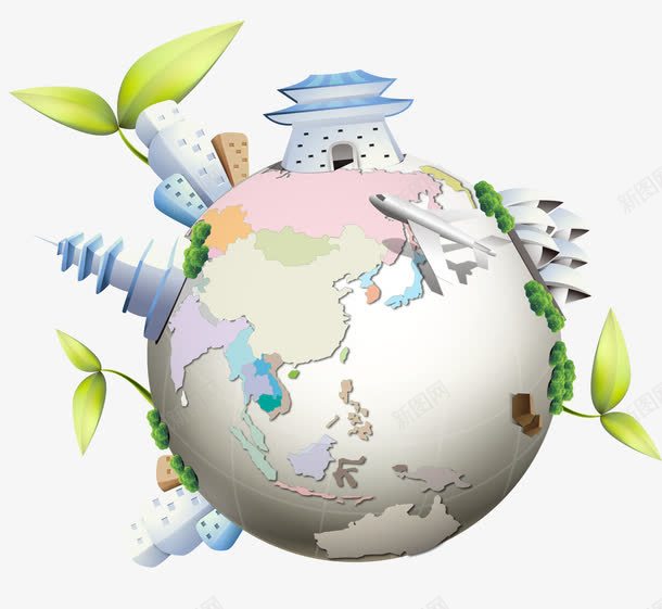 手绘立体地球与景物png免抠素材_新图网 https://ixintu.com 地球与城市矢量图 矢量立体地球 矢量立体地球与城市 立体地球免费png下载