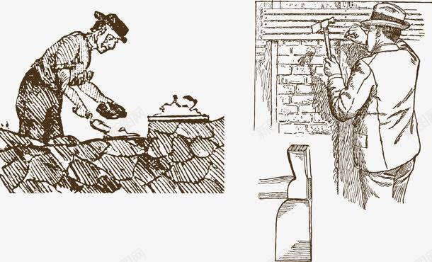 修整房屋png免抠素材_新图网 https://ixintu.com 修整房屋 复古插画 手绘男人 砌墙