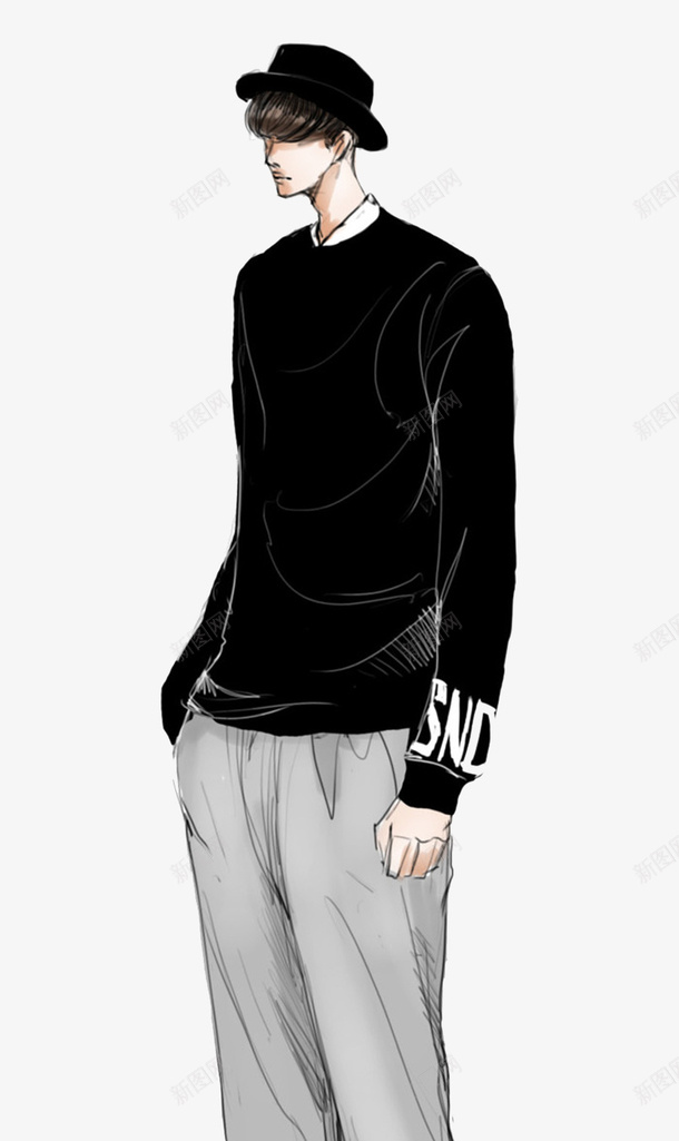 黑色简约休闲男装插画稿png免抠素材_新图网 https://ixintu.com 休闲男装插画 简约男装插画 黑色简约男装设计