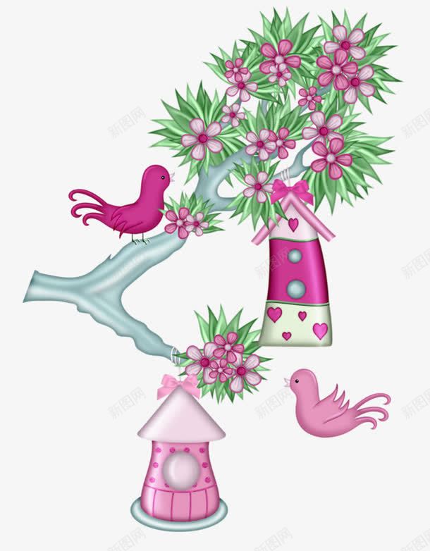 桃花和房子png免抠素材_新图网 https://ixintu.com 卡通 小窝 小鸟 花朵