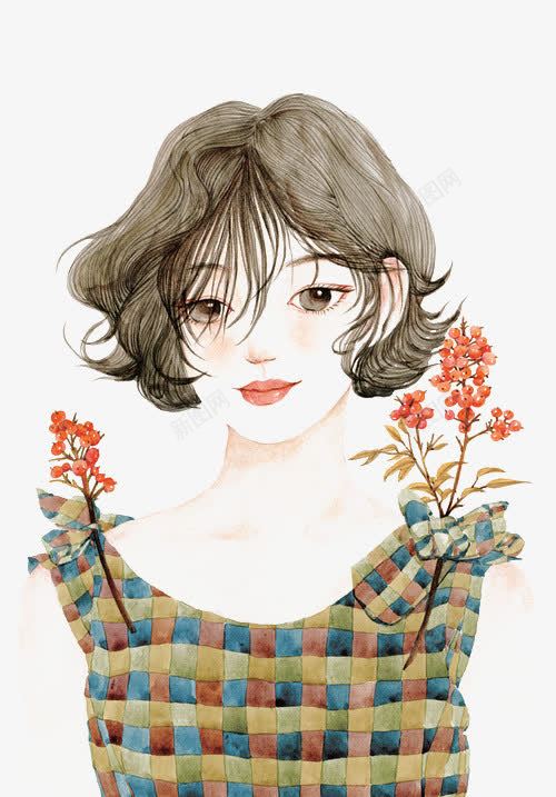 戴花的女孩png免抠素材_新图网 https://ixintu.com 卡通女孩 女孩 带花女孩 插画女孩