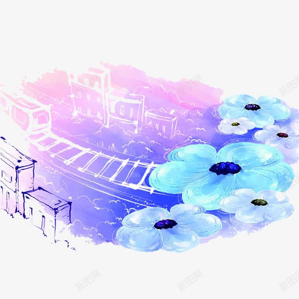 城市水彩插画png免抠素材_新图网 https://ixintu.com 建筑 水彩插画 花朵 铁路