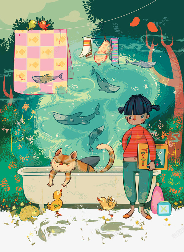 手绘女孩猫鸭子鱼psd免抠素材_新图网 https://ixintu.com 创意设计 可爱卡片 手绘插画