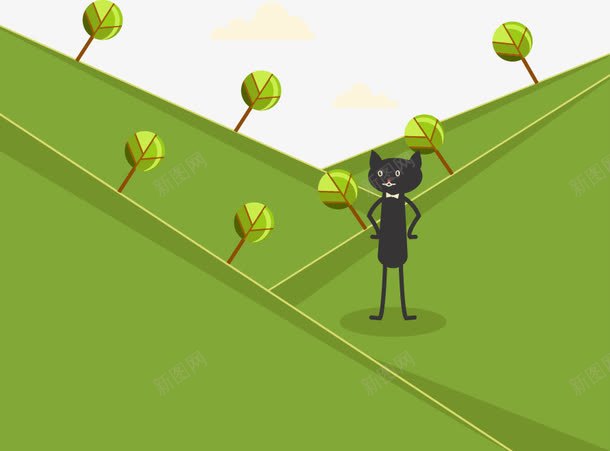 卡通风景矢量图eps免抠素材_新图网 https://ixintu.com 树 猫 绿色 草地 矢量图