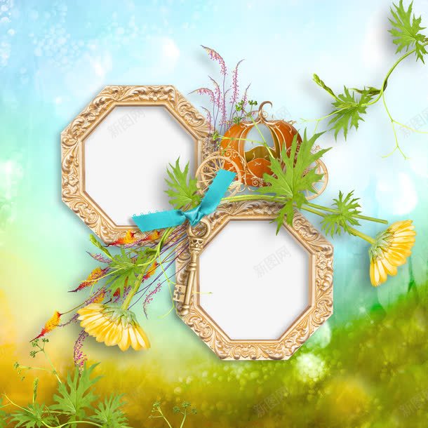 创意花框png免抠素材_新图网 https://ixintu.com 叶子 绿叶 花朵 花框 金色相框 鲜花