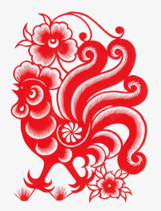 金鸡报晓png免抠素材_新图网 https://ixintu.com 中国红 剪纸 剪花 鸡