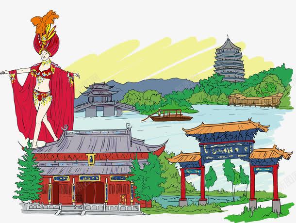 杭州手绘精美景点png免抠素材_新图网 https://ixintu.com 宝塔 手绘 景点 杭州 精美 美女