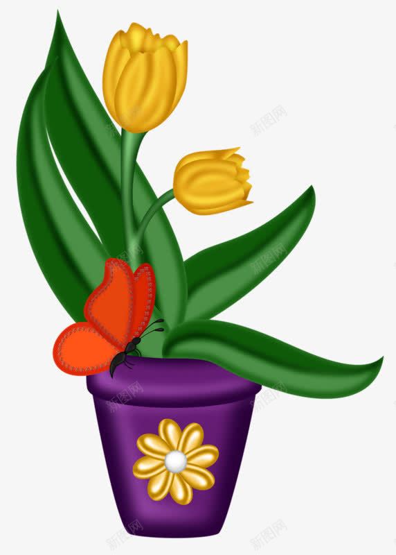 郁金香和蝴蝶png免抠素材_新图网 https://ixintu.com 植物 绿色 花朵 黄色