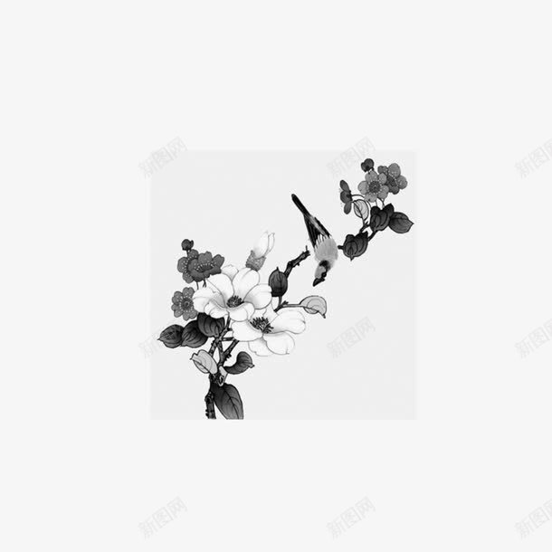 黑白中国画png免抠素材_新图网 https://ixintu.com 中国风 小鸟 植物