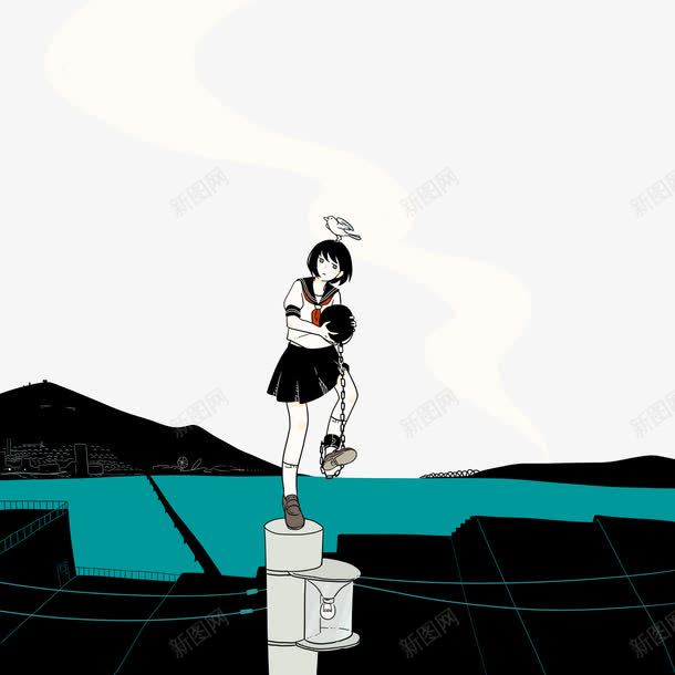 黑色山脉海湾以及柱子上的女孩png免抠素材_新图网 https://ixintu.com 女孩 插画 海湾 黑色山脉