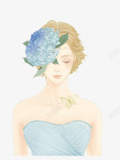 手绘戴蓝色花朵的女孩png免抠素材_新图网 https://ixintu.com 手绘 插画 装饰