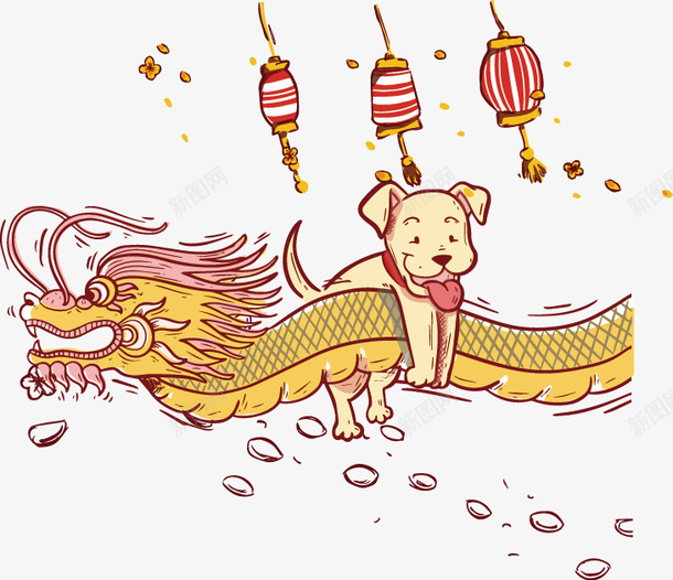 手绘卡通插图中国年狗年插图png免抠素材_新图网 https://ixintu.com 中国年 卡通插图 手绘 灯笼 狗年插图 龙腾