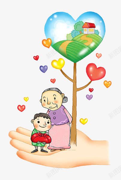 奶奶和孙子爱心树png免抠素材_新图网 https://ixintu.com 卡通手绘 可爱画风 奶奶和孙子 家园 爱心 装饰