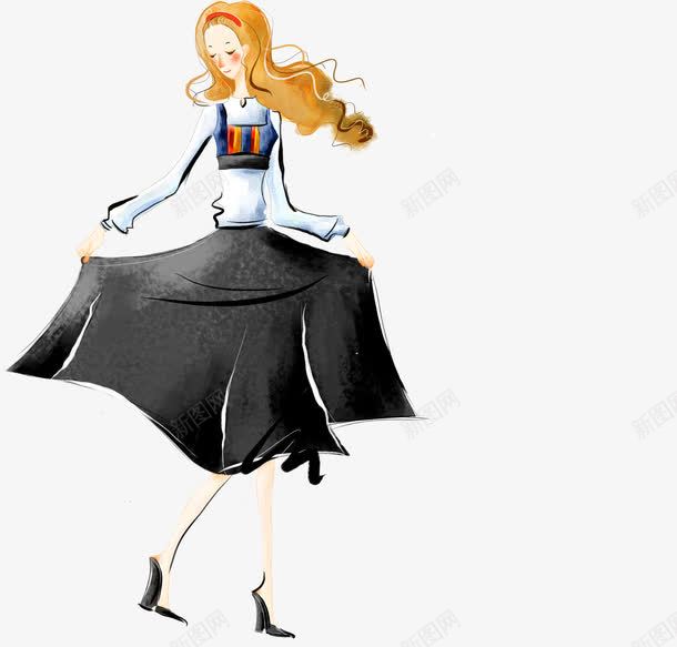 手绘黑裙时尚美女png免抠素材_新图网 https://ixintu.com 时尚 美女