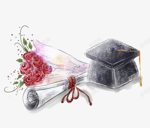 毕业证书和学士帽手绘png免抠素材_新图网 https://ixintu.com 一束玫瑰花 学士帽 教育 毕业证书 毕业证书和学士帽手绘 花 花卉 花束 象征