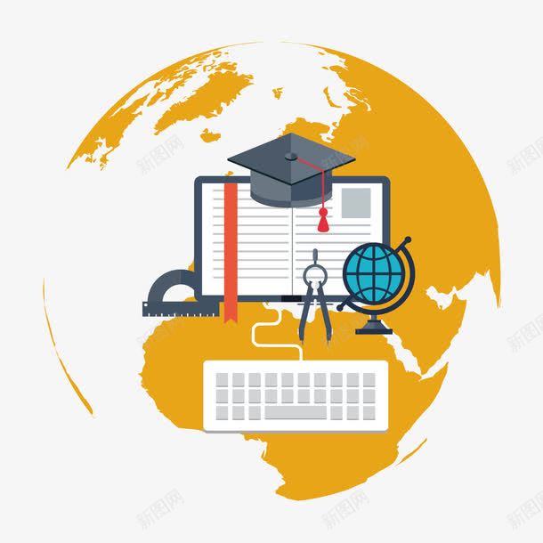 地球和学习矢量图ai免抠素材_新图网 https://ixintu.com 博士帽 圆规 地球 地球仪 矢量图