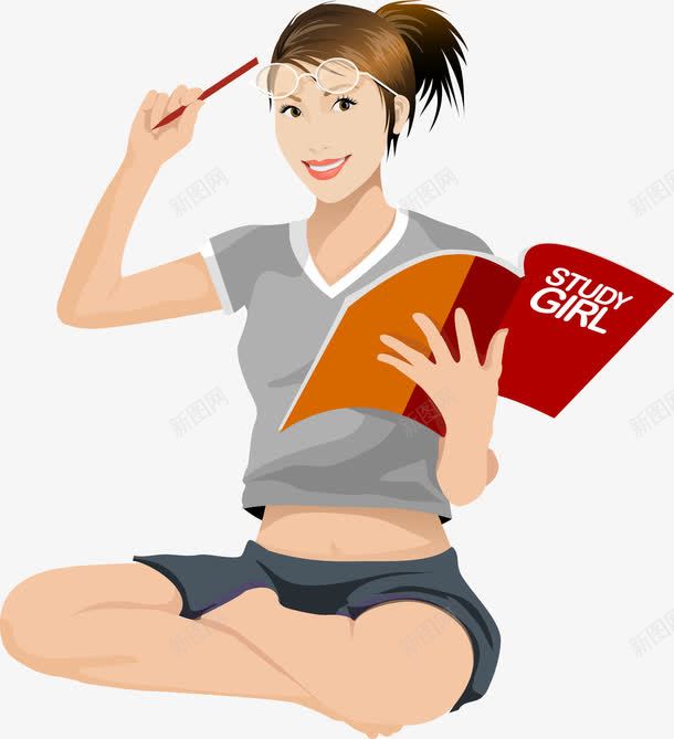 手绘看书的女孩矢量图ai免抠素材_新图网 https://ixintu.com 休闲 手绘 看书的女孩 矢量图
