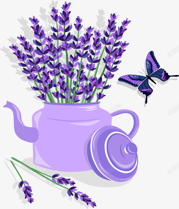 梦幻紫色薰衣草矢量图eps免抠素材_新图网 https://ixintu.com 梦幻 浪漫 矢量素材 紫色茶壶 紫色蝴蝶 薰衣草 矢量图