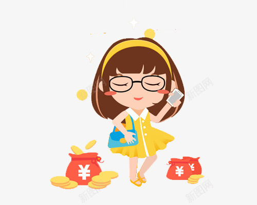 金币与女孩png免抠素材_新图网 https://ixintu.com 人物 创意 手绘 插画