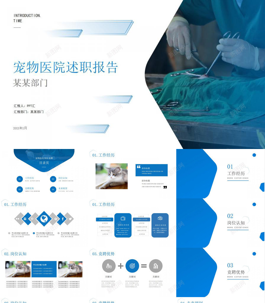 蓝白简约宠物医院述职报告免费PPT模板_新图网 https://ixintu.com 免费 宠物医院 简约 蓝白 述职报告