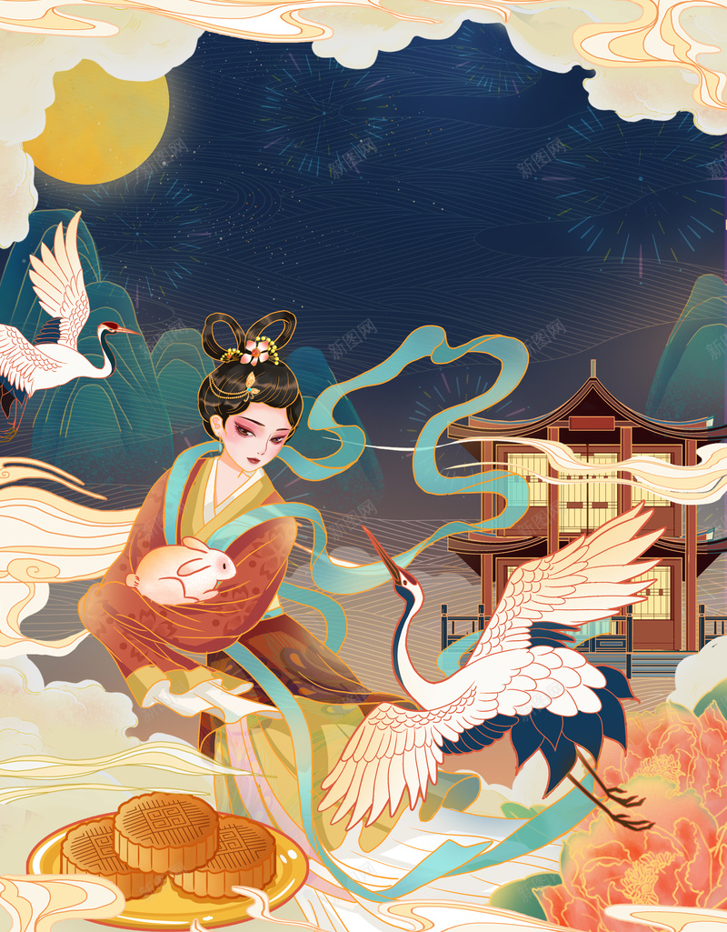 国潮仙鹤嫦娥抱兔手绘元素psd高清背景_新图网 https://ixintu.com 亭台 仙鹤 国潮 国潮背景墙 嫦娥抱兔 手绘元素