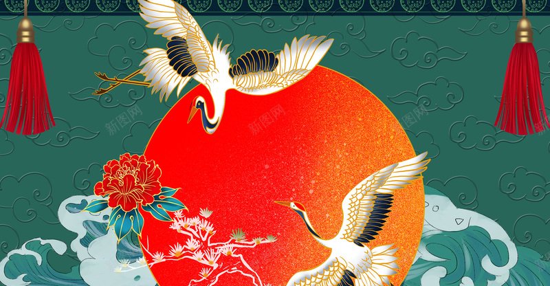 白鹤海上日出图psd设计背景_新图网 https://ixintu.com 国潮 国潮背景墙 国风 手绘 横版