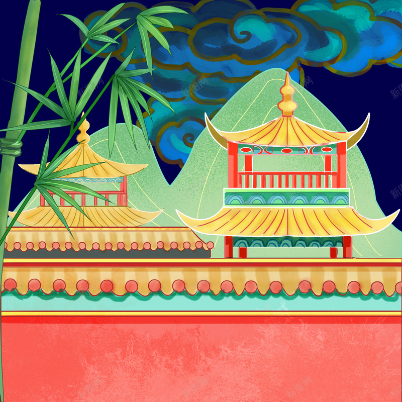 古代亭台楼阁psd设计背景_新图网 https://ixintu.com 云 古代亭台楼阁 夜 竹子
