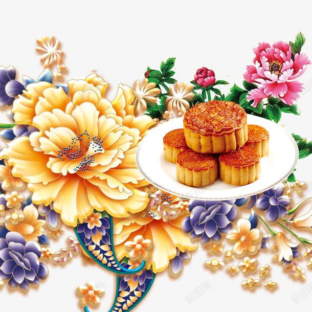 花丛里的月饼psd免抠素材_新图网 https://ixintu.com 中秋 月饼 盘子里的月饼