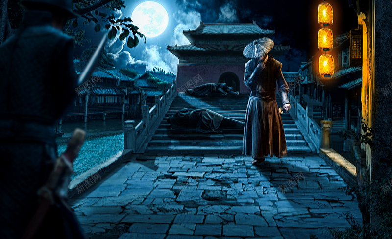 快意武侠海报jpg设计背景_新图网 https://ixintu.com 中国风 古典 夜晚 手绘 武侠 海报