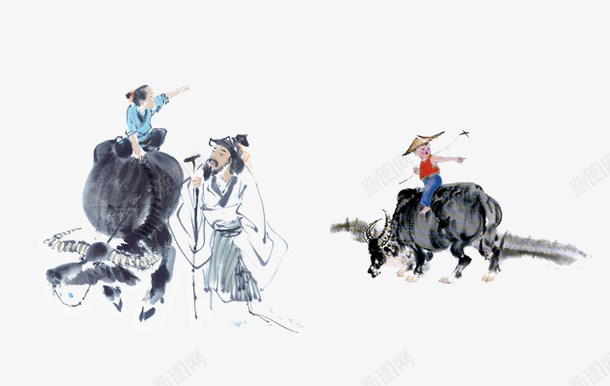 水墨小孩与牛png免抠素材_新图网 https://ixintu.com 国画牛 小孩 放牛的小孩 水墨画 牛