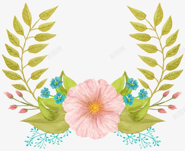 手绘花绿叶对称png免抠素材_新图网 https://ixintu.com 手绘 花 花朵