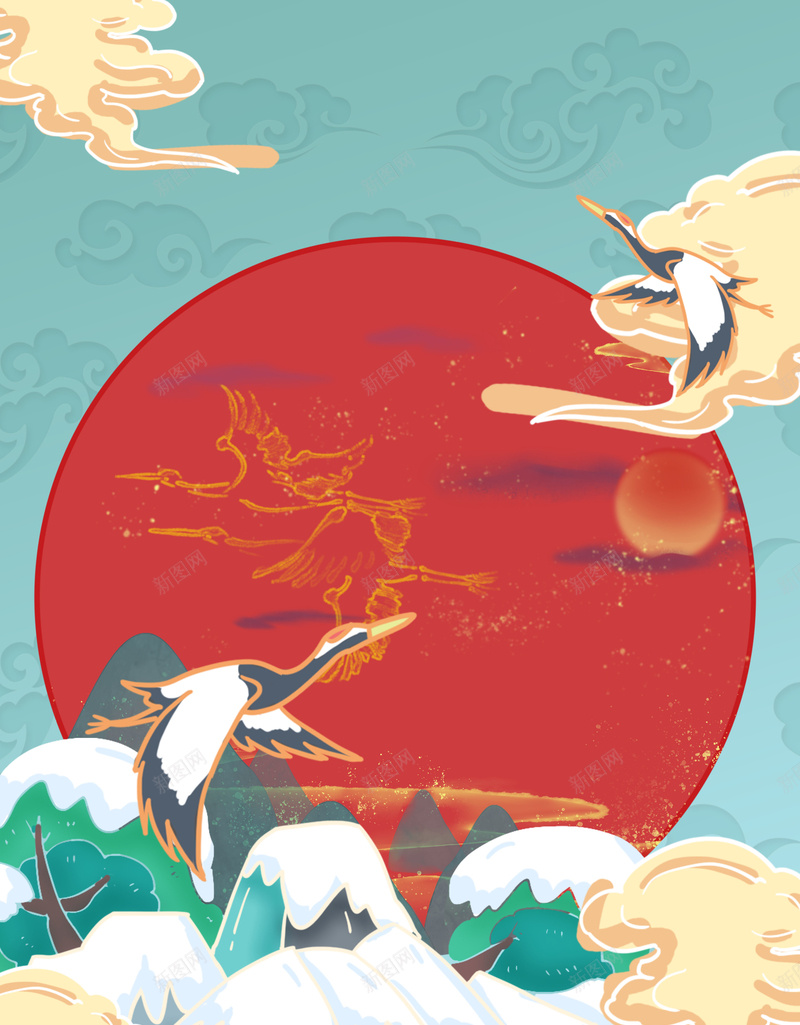 仙鹤红日祥云蓝绿色psd高清背景_新图网 https://ixintu.com 仙鹤 祥云 红日 蓝绿色 金云 高山