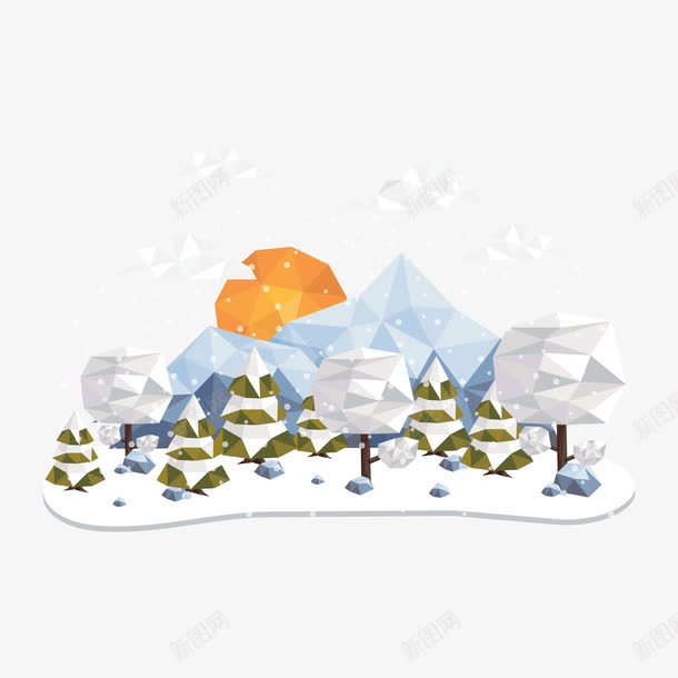 三角拼贴雪景插画png免抠素材_新图网 https://ixintu.com 三角拼贴 太阳 雪松