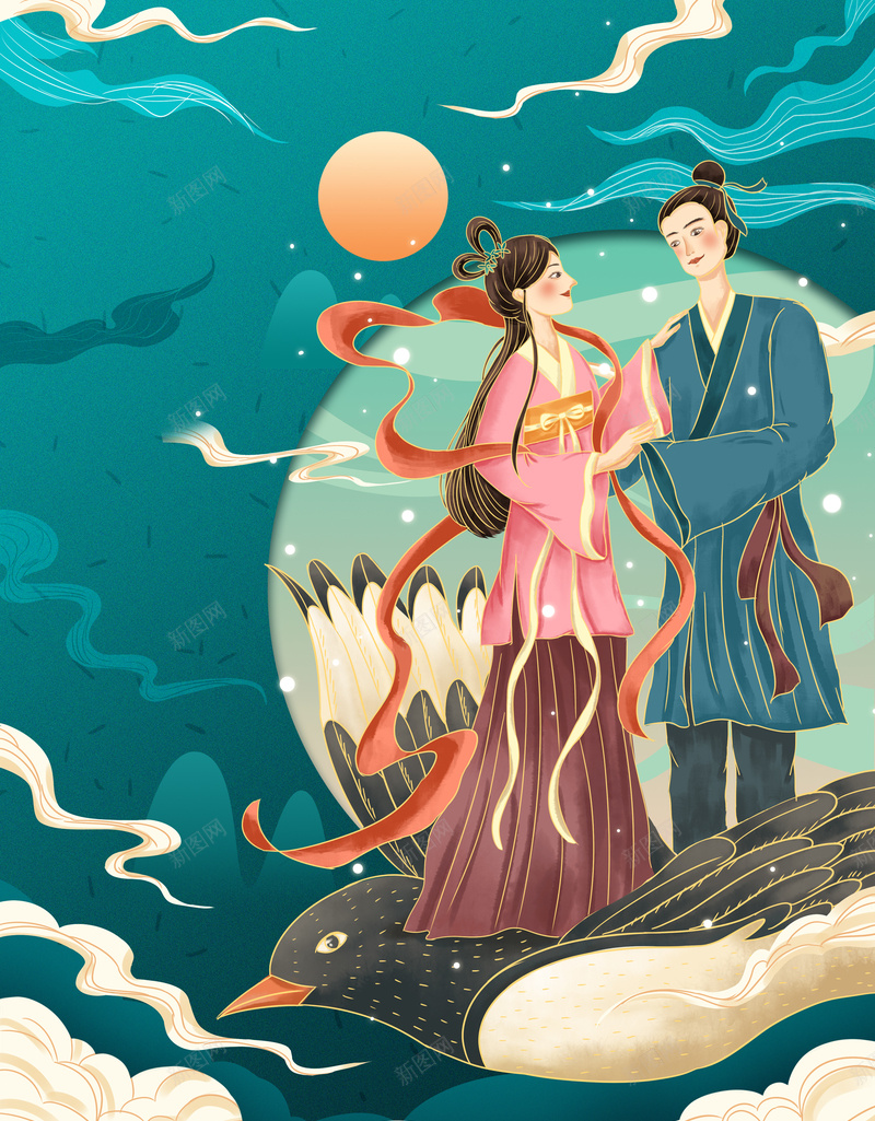 手绘牛郎织女背景图psd设计背景_新图网 https://ixintu.com 七夕 喜鹊 手绘背景图 牛郎织女 背景图