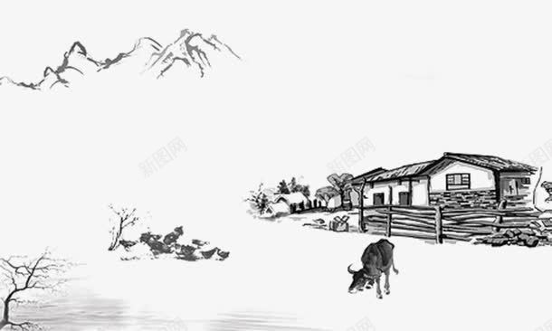 黑白中国风平房png免抠素材_新图网 https://ixintu.com 中国画 中国风 平房 牛 黑白