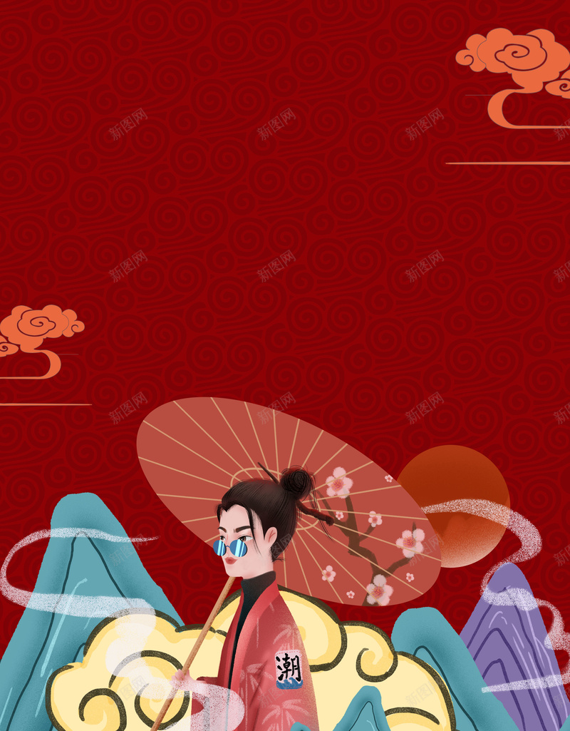 国潮汉服女伞祥云psd设计背景_新图网 https://ixintu.com 伞 国潮 国潮背景墙 女 山 日式 樱花 汉服 汉服少女 汉服海报 祥云