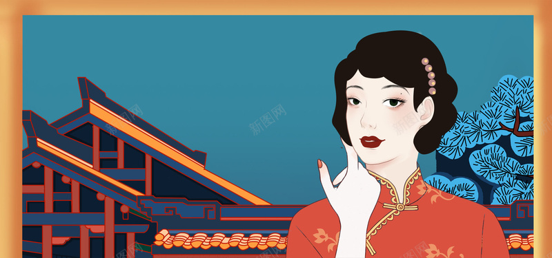 国风美少女背景psd设计背景_新图网 https://ixintu.com 国潮 国潮背景墙 国风 手绘 横版