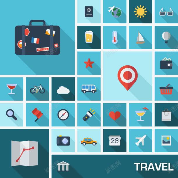 扁平化的旅游创意图标png_新图网 https://ixintu.com 创意 图标 扁平化 旅游 旅行箱 飞机