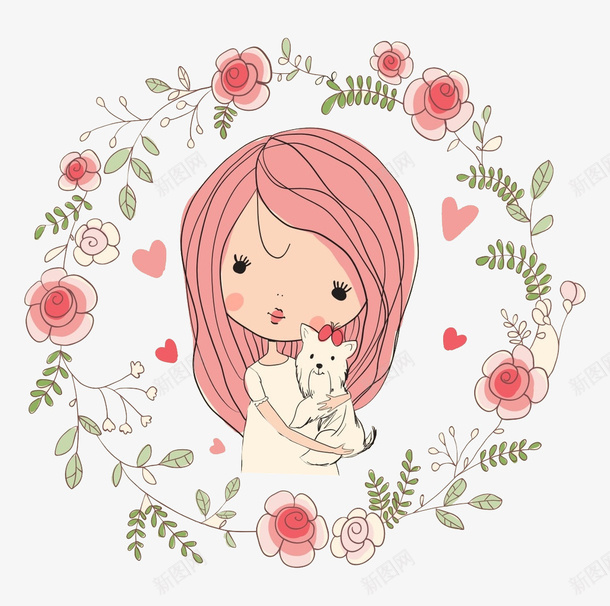 女孩和花png免抠素材_新图网 https://ixintu.com 卡通 女孩 宠物 鲜花