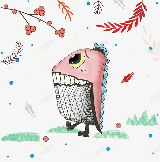 卡通独角龙插画png免抠素材_新图网 https://ixintu.com 卡通 插画 树叶 独角龙