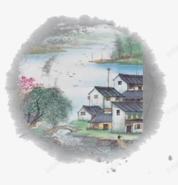 水墨人家png免抠素材_新图网 https://ixintu.com 中国元素 小楼 树 河