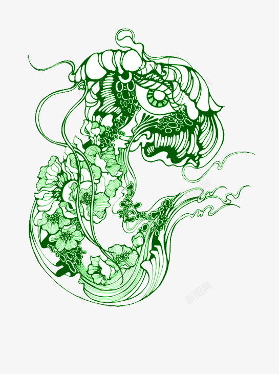 绿色眼睛psd免抠素材_新图网 https://ixintu.com 创意绘画 眼睛 线条 花朵