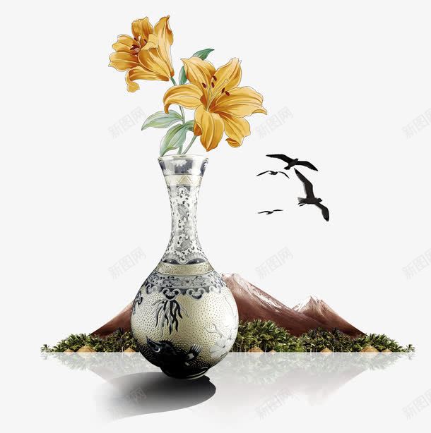 中国风复古花瓶手绘花大雁高山psd免抠素材_新图网 https://ixintu.com 中国风 复古花瓶 大雁 手绘花 高山