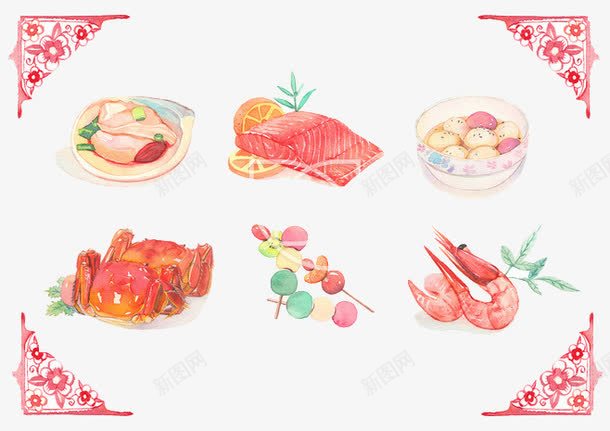 手绘海产品矢量图eps免抠素材_新图网 https://ixintu.com 大闸蟹 美食 虾 食物 矢量图