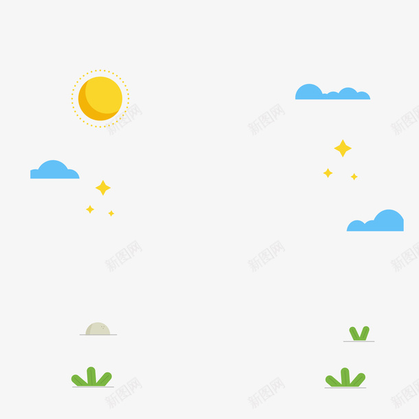 太阳云朵小草png免抠素材_新图网 https://ixintu.com 卡通云朵 绿色小草 背景装饰 金色太阳 风景