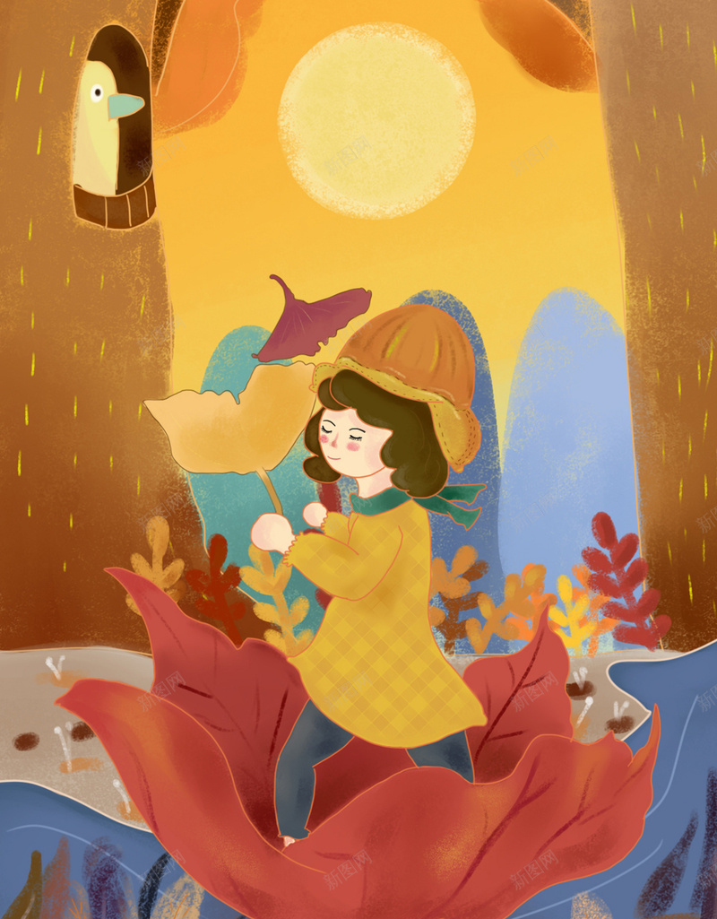 秋风枫叶插画jpg设计背景_新图网 https://ixintu.com 叶子 唯美 小女孩 插画 简约 风景