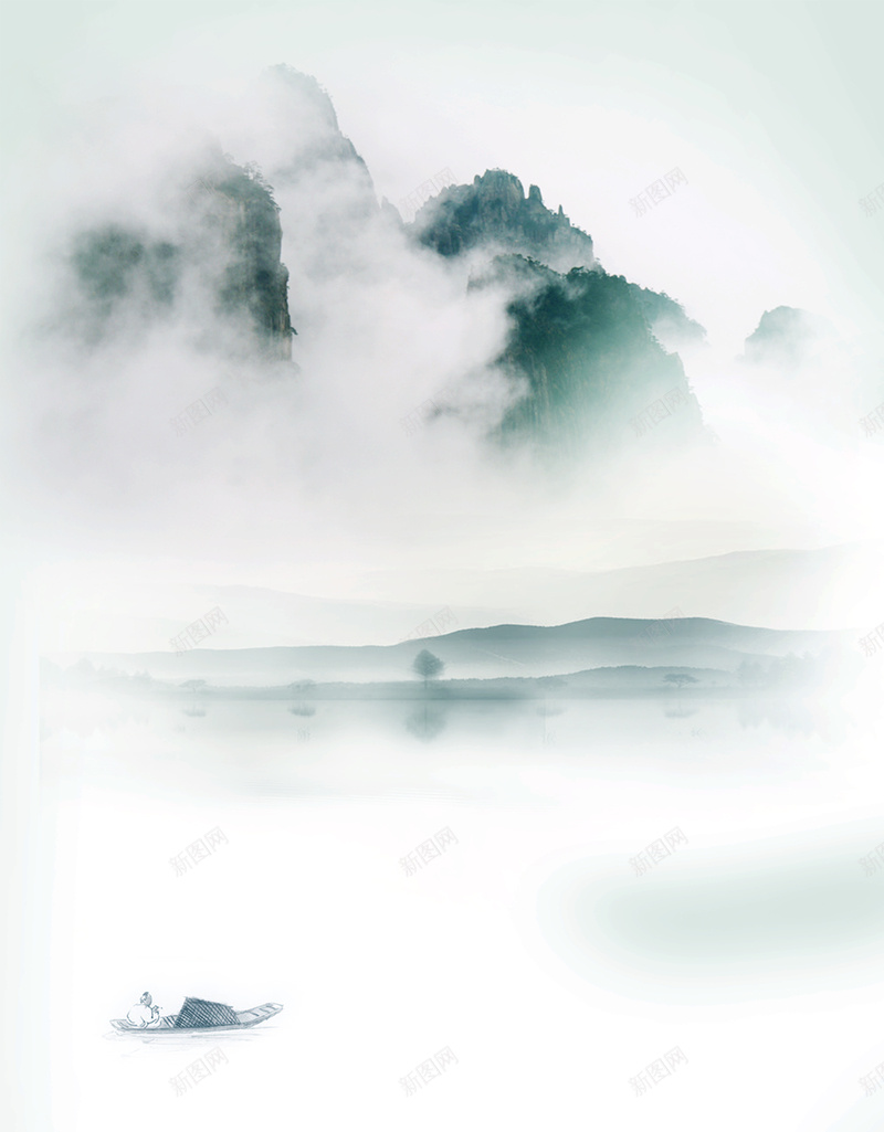 古风山水画元素图psd设计背景_新图网 https://ixintu.com 云雾 古风 山 山水 泛舟