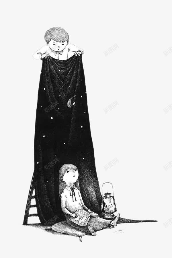 插画男女孩与星月夜窗帘png免抠素材_新图网 https://ixintu.com 卡通手绘 女孩 插画 星月夜 男孩 窗帘